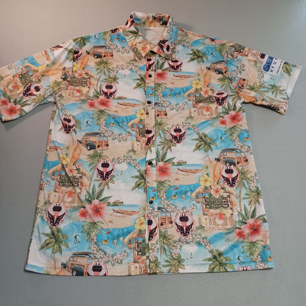 Destroyer Rocks Mens XL Tropical Tiki Bar Beach Woody Wagon Button Up Shirt Blue